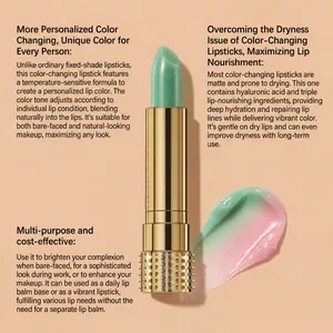 Detalle del labial hidratante que cambia de color con un elegante estuche dorado