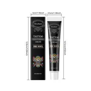 Detailed dimensions of OceAura tattoo care cream tube and packaging box in cm and inches.
