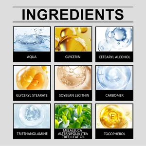 Visual breakdown of skincare ingredients including tea tree oil and vitamin E
