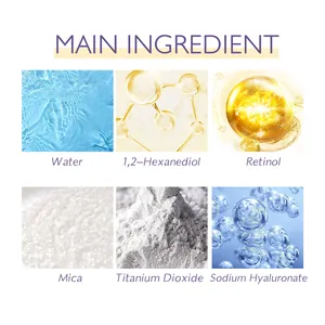Close-up detail of main ingredients including Retinol, Mica and Sodium Hyaluronate.