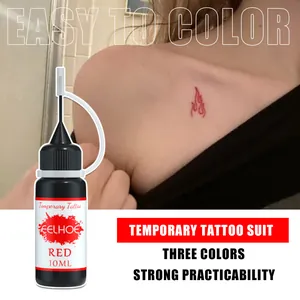 Red temporary tattoo liquid ink by EELHOE 10ml bottle with application detail on skin.