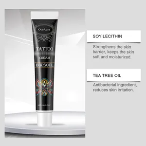 Detail of OceAura Tattoo Cream tube with Soy Lecithin and Tea Tree Oil benefits