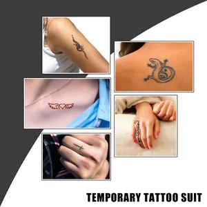 Various waterproof temporary tattoo patterns applied on different body areas for visualization.