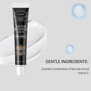 Detailed view of OceAura tattoo cream texture featuring tea tree oil and vitamin E
