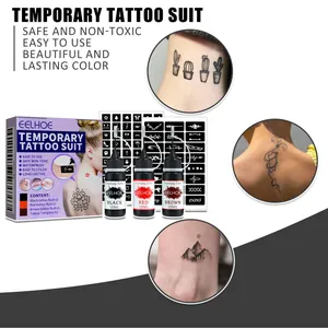 Waterproof temporary tattoo kit with three color fluids and various stencil templates