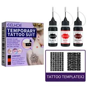 Kit de Tatouage Temporaire Professionnel EELHOE avec 3 Encres et 2 Pochoirs Inclus