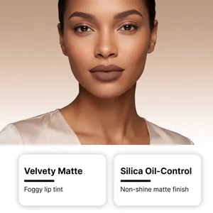 Detailansicht eines braunen samtig-matten Lip Tints mit Öl-Kontroll-Finish.