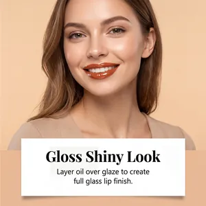 Close-up of model wearing orange-brown shiny lip gloss for a glass lip finish