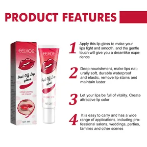 Wichtigste Merkmale und Details des langanhaltenden EELHOE Peel-Off Lipgloss in Kirschrot.