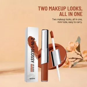 Close-up detail of orange-brown 2-in-1 lip gloss with smooth applicator and creamy swatch