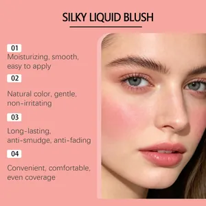 Macro view of silky liquid blush application on model skin with feature highlights.