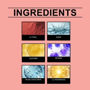 Detailed view of cosmetic ingredients like Glycerin and Betaine for silky liquid blush