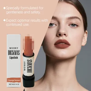 Detail van mat oranjebruine lippenstift met elegante verpakking en lipweergave.