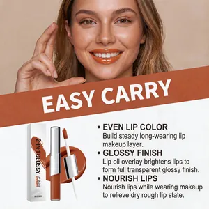 Long-lasting orange brown glossy lip gloss detail with model application result
