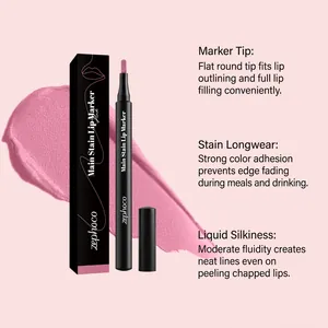 Zephoco rosa Lip-Stain-Marker mit matter Texturprobe und Detail der Produktverpackung