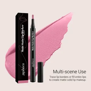 Details von Zephoco mattem Lippenmarker in Pink mit Verpackung und Texturprobe