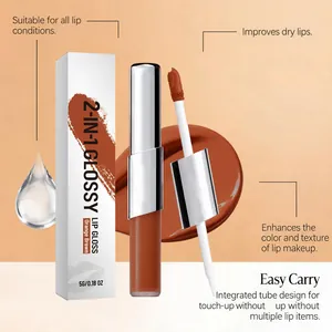 Detail view of 2-in-1 orange brown lip gloss with packaging and creamy texture smear