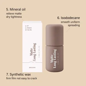 Nahaufnahme von mattem, langanhaltendem braunem Lipliner mit Formel- und Packungsdetails