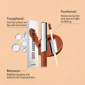 Detail of 2-in-1 glossy lip gloss in orange brown showing ingredients like tocopherol