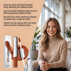 Detailed view of 2-in-1 orange brown glossy lip gloss with model showcasing finish