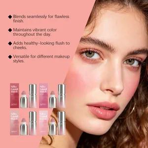Close-up of radiant pink makeup on model with silky liquid blush bottle display