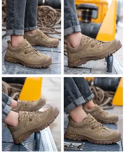 Detalle de zapatos de seguridad marrones transpirables con una puntera reforzada
