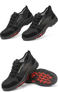 Detalle de zapatos de seguridad de malla transpirable con suelas antideslizantes