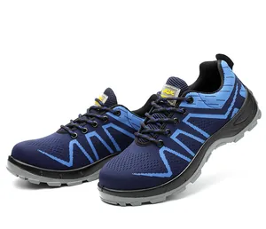 Detailed side view of navy blue breathable fly-knit safety shoes with anti-slip soles.