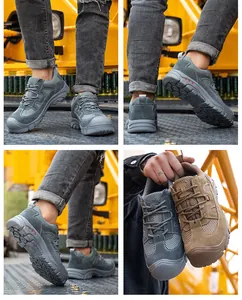 Vistas detalladas de zapatos de seguridad con punta de acero transpirables en gris y caqui
