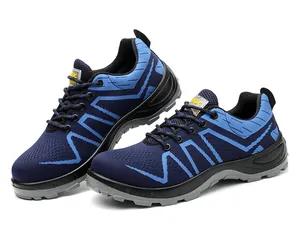 Blue breathable fly-knit safety shoes with anti-smashing and puncture-resistant soles