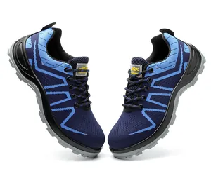 Detail view of breathable fly-knit safety shoes with anti-smash and puncture-proof soles.