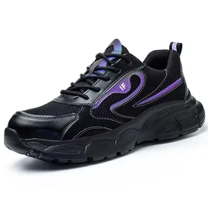 Zapatos de seguridad negros transpirables para hombre con puntera de acero y toques morados