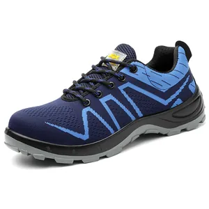 Breathable blue fly-knit safety shoes with steel toe and puncture-resistant sole