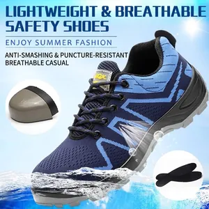 Lightweight breathable blue steel toe safety shoes for industrial work and construction