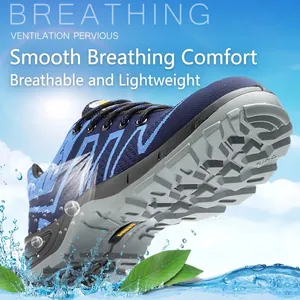 Professional breathable fly-knit safety shoe with anti-slip thick grey sole for women