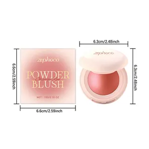 Detail view of Zephoco orange-red powder blush with dimensions and net weight 10g
