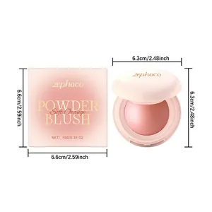 Close-up of zephoco Soft Orange powder blush showing dimensions of packaging and product