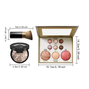 Dimensiones detalladas del set de paleta de maquillaje con sombra, rubor y brocha.