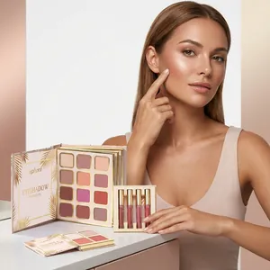 Close-up of Zephuco tropical gold makeup set including eyeshadow and lip glosses.