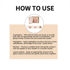 Instructions for Zephoco makeup set: how to apply eyeshadow, blusher, and liquid lipstick.