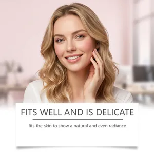 Close-up of a smiling model showing natural pink blush effect on glowing skin