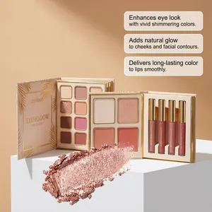 Detail view of Zephoco all-in-one makeup palette with eyeshadow, blush, and lip gloss