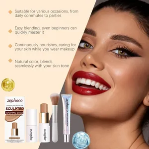 Set contouring Zephoco per pelli scure con stick, crema e pennello mostrato con modella.