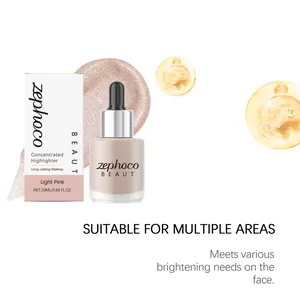 Nahaufnahme von zephoco Flüssig-Highlighter in Hellrosa mit Texturprobe und Verpackung