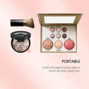 Vista detallada de un set de maquillaje zephoce portátil con paleta, base y brocha.