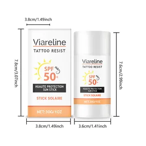 Λεπτομερείς διαστάσεις του Viareline Tattoo Resist SPF 50+ sun stick και συσκευασίας