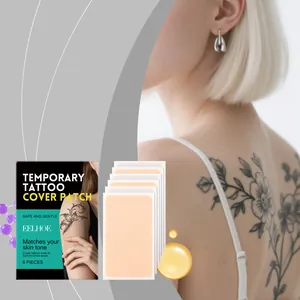 Detailweergave van EELHOE tattoo cover patches met verpakking en modeltoepassingsvoorbeeld.