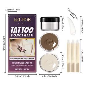 Comprehensive tattoo concealer set detail view with dimensions for jars, scoop and swabs