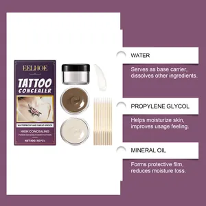 Detailed ingredient list of waterproof tattoo concealer set with applicator sticks.