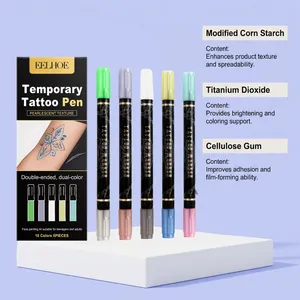 Primer plano de marcadores de tatuaje de doble punta con lista de ingredientes.
